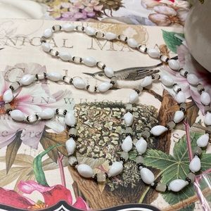 LONG 38” Vintage Milk Glass & Art Glass necklace with metal spacers